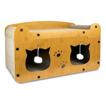 哈囉毛孩 輕奢華雙層雙洞口 貓抓板貓屋 雙貓頭款  實木色  1個  56 x 28 x 32.5cm