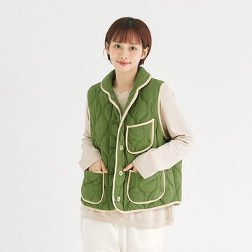 撞色滾邊衍縫鋪棉背心 綠F