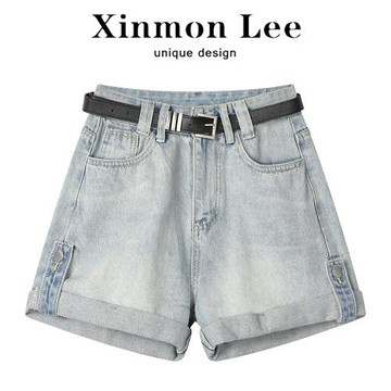 XinmonLee設計感小眾休閑牛仔褲女高腰闊腿顯瘦復古辣妹A字短褲夏