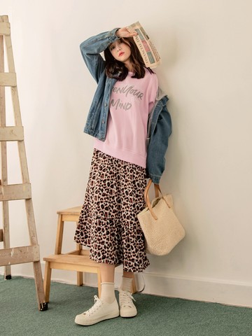 保暖內刷毛下襬拼接豹紋假兩件洋裝
