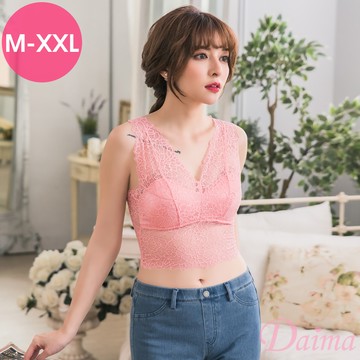 內衣  無鋼圈(M~XXL)全蕾絲性感美背Bra Top小可愛內搭背心_粉色#6757