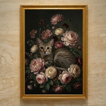 新加坡貓與滿室鮮花的油畫風格藝術畫作 A3 裱框室內壁掛擺飾