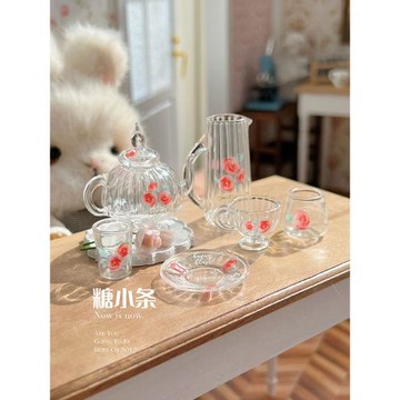 糖小條迷你玻璃茶壺玫瑰茶具水壺杯子6分小布娃屋場景道具食玩杯