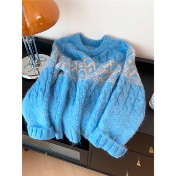 秋冬加厚藍色寬松麻花毛衣慵懶高級感女顯瘦菱形毛針織衫長袖韓版