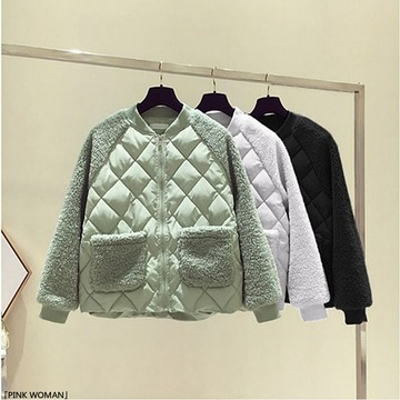 輕薄棉服女大碼短款冬季夾克棉衣網紅仿羊毛羔拼接小棉襖外套