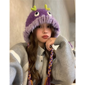 可愛天花板~兔毛小怪獸帽子女秋冬保暖手工毛線帽護耳毛絨雷鋒帽