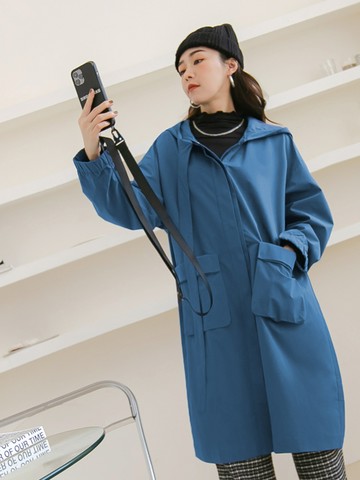 純色寬鬆長版造型大口袋防風連帽外套