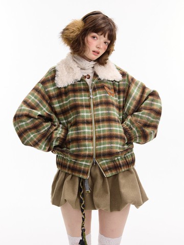 ziziFei秋冬新款加厚美式復古休閒顯瘦設計感綠色格紋毛領外套女