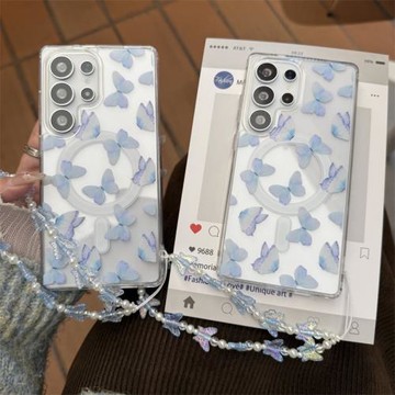 唯美藍蝴蝶適用三星S25Ultra手機殼S24Ultra磁吸保護套S23Ultra透明防摔殼S22Ultra硬殼創意簡約時尚S24+女款