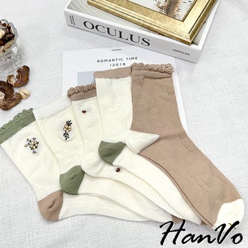 【HanVo】春夏花草透氣網眼木耳邊長襪 舒適親膚刺繡棉質襪 百搭潮流時尚休閒襪 女生配件 A12-6231