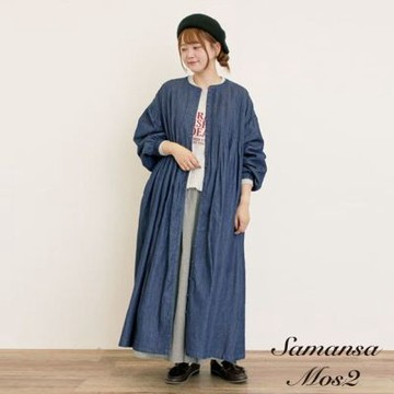 〚Samansa Mos2 〛棉麻/牛仔直紋褶襉排釦圓領連身洋裝