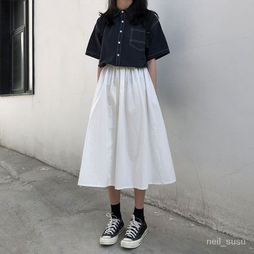 半身裙 中長裙 A字長裙 休閒裙 長裙女 春夏新款大碼胖mm韓風chic日係文藝少女超火百搭學生工裝半身裙