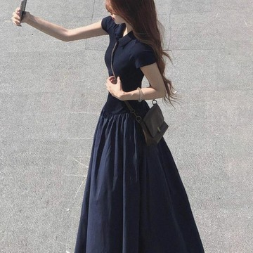 商城熱賣⭐休閒慵懶大擺連身裙  POLO領拼接連身裙  子女夏季鬆弛感大擺裙氣質短袖慵懶長裙
