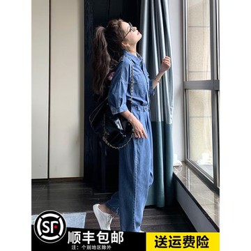 工裝牛仔連衣褲女春秋2025新款小眾設計感收腰顯瘦直筒連身褲套裝