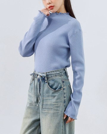 木耳邊細坑條針織高領上衣 五色售