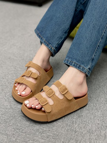 勃肯風麂皮厚底拖鞋