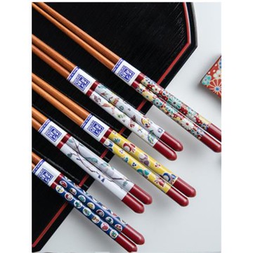 日本進口九谷燒天然木制筷子日式傳統彩繪印花家用日式防滑尖頭筷