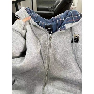 美式復古格子拼接連帽開衫衛衣男女秋季新款慵懶風情侶寬松外套潮