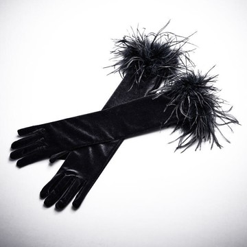 【好康免運】名媛 羽毛手套 高檔裝扮 長版緞面名媛高端派對宴會舞臺時尚毛口袖套拉丁舞復古黑