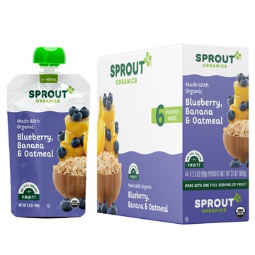 Sprout Organic Baby Food Stage 2 Blueberry Banana & Oatmeal Pouches 3.5 oz Each / Pack of 6