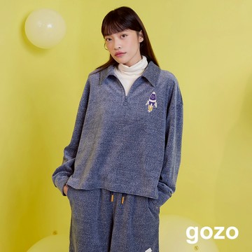 【gozo】太空梭雪花棉絨polo領休閒上衣(深藍/卡其_F) | 女裝 襯衫領 休閒
