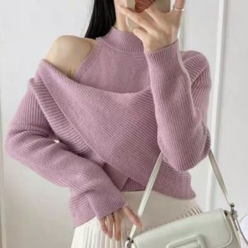 La BellezaV領交叉兩件式設計感螺紋坑條可拉肩露肩針織毛衣