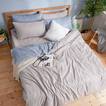 床包被套組(鋪棉兩用被套)-雙人 / 舒柔棉四件式 / 岩石灰床包+藍灰被套 台灣製