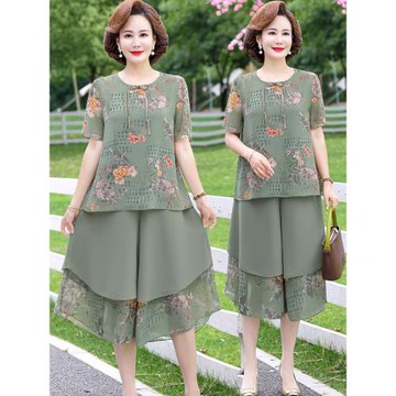 中年媽媽裝2025夏裝新款套裝中老年女裝雪紡衫短袖上衣寬松兩件套