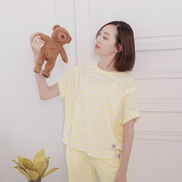 UMORFIL膠原蛋白條紋短袖居家服-條紋黃