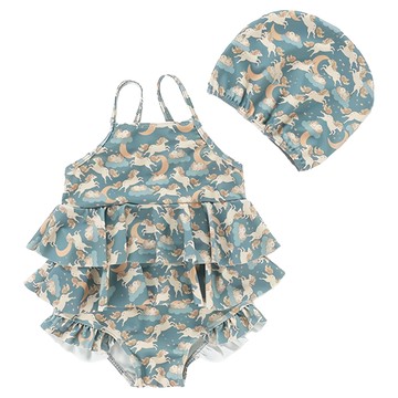 愛北鼻INS女童泳衣 吊帶連體泳衣+泳帽 130碼(120~130cm)  藍色飛馬