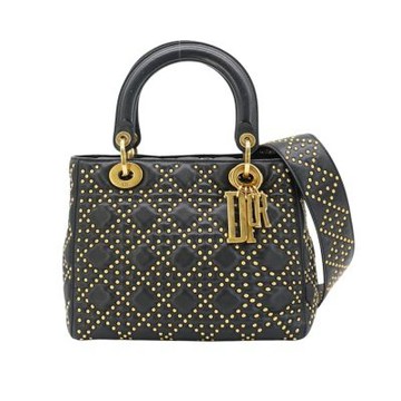 二手品 Dior 迪奧 Lady Dior 籐格紋羊皮釘珠手提斜背黛妃包-中(黑)