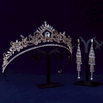 原創新款新娘婚紗頭飾結婚皇冠耳環飾品金色銀色發飾網紅生日王冠