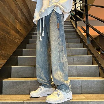 NNID美式復古微喇牛仔褲男女休閑寬松水洗大碼做舊cleanfit長褲子