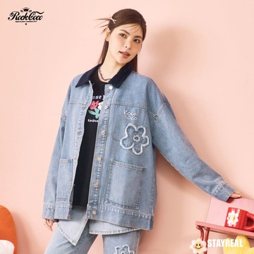 ROCKCOCO 率性小花拼接牛仔外套 - 藍