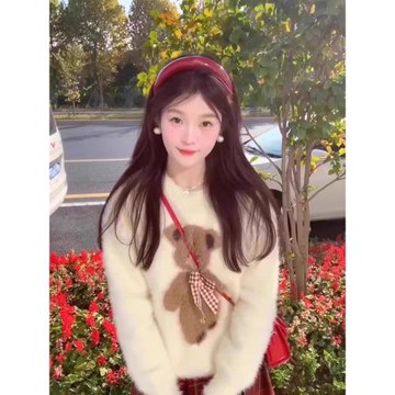 甜美軟糯奶fufu馬海毛小熊毛衣女套頭加厚小個子內搭針織秋冬上衣
