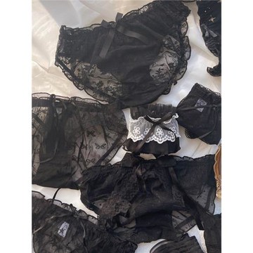 3條裝黑色性感蕾絲內褲女士薄中低腰透明網紗三角底褲蝴蝶結火辣