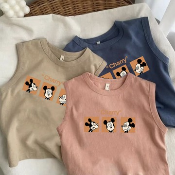 mori🎀mori純棉兒童新款洋氣無袖卡通夏季女童印花小童背心米奇寶寶男童上衣