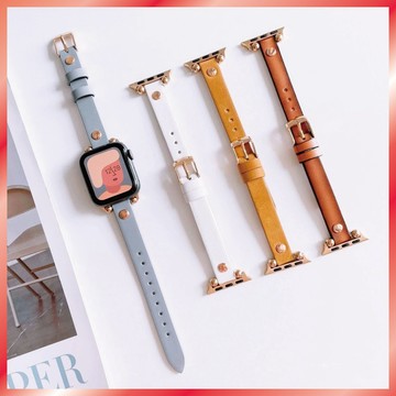 鉚釘小蠻腰皮革錶帶 適用 Apple Watch S10 9 8 7 SE Ultra 真皮紋 細款 龐克 搖滾 復古