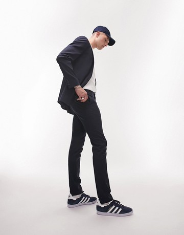 Topman stretch slim textured suit trousers in navy