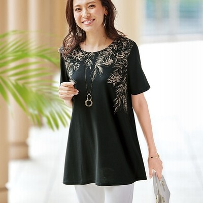 ベルーナ 綿 テンセル 繊維ロング丈プリントtシャツ 線花柄 レディース 通販 Lineポイント最大get Lineショッピング