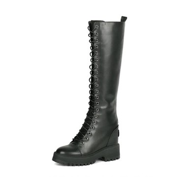 11cm隱形內增高馬丁靴加絨長筒靴女系帶高筒英倫風真皮拉鏈騎士靴
