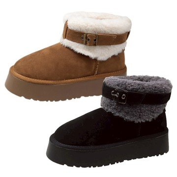 白鳥麗子 [現貨快出] 雪靴 經典絨面毛毛一字帶金屬釦厚底短靴