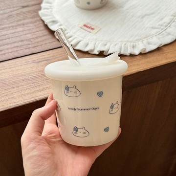 🍀臺灣出貨🍀貝殼小貓陶瓷杯衝咖啡杯帶蓋可愛陶瓷杯子家用學生吸管杯水杯夏季