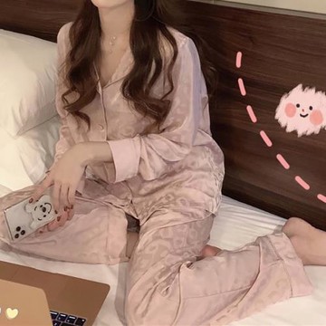 桑蠶絲真絲睡衣女春薄高級感開衫長袖長褲粉色豹紋兩件套裝家居服