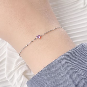 紫水晶925純銀心形寶石爪鑲手鍊