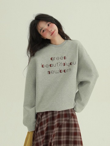 淺灰色 圓領刺繡衛衣 日系加絨寬鬆大學T 中性百搭長袖上衣 M-XL