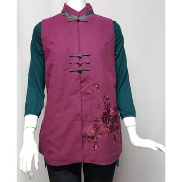 唐三彩雙色立領棉麻鋪棉刺繡盤扣全裡長版背心外套1入