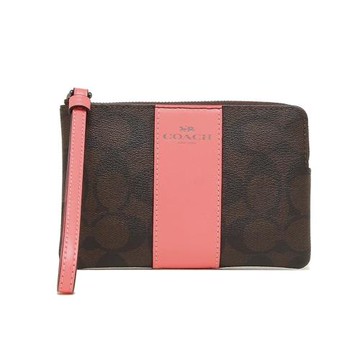 【COACH】拼接皮革L型拉鍊手拿包-咖啡胭脂粉