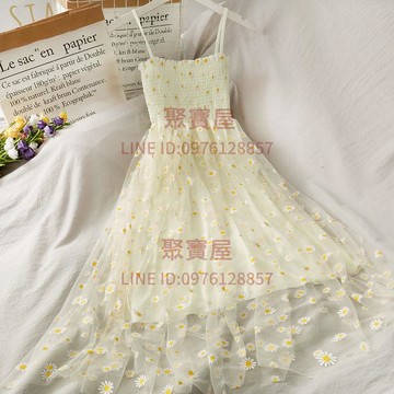 細肩帶洋裝網紗高腰小雛菊吊帶裙連衣裙文藝復古甜美初戀裙無袖仙女裙【聚寶屋】