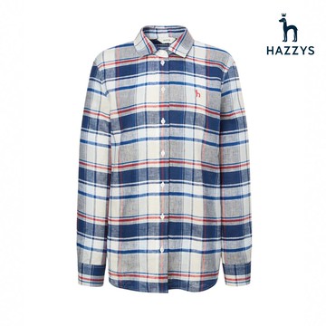 【HAZZYS】女款淺藍色品牌經典格紋亞麻格紋襯衫 YSVKB311